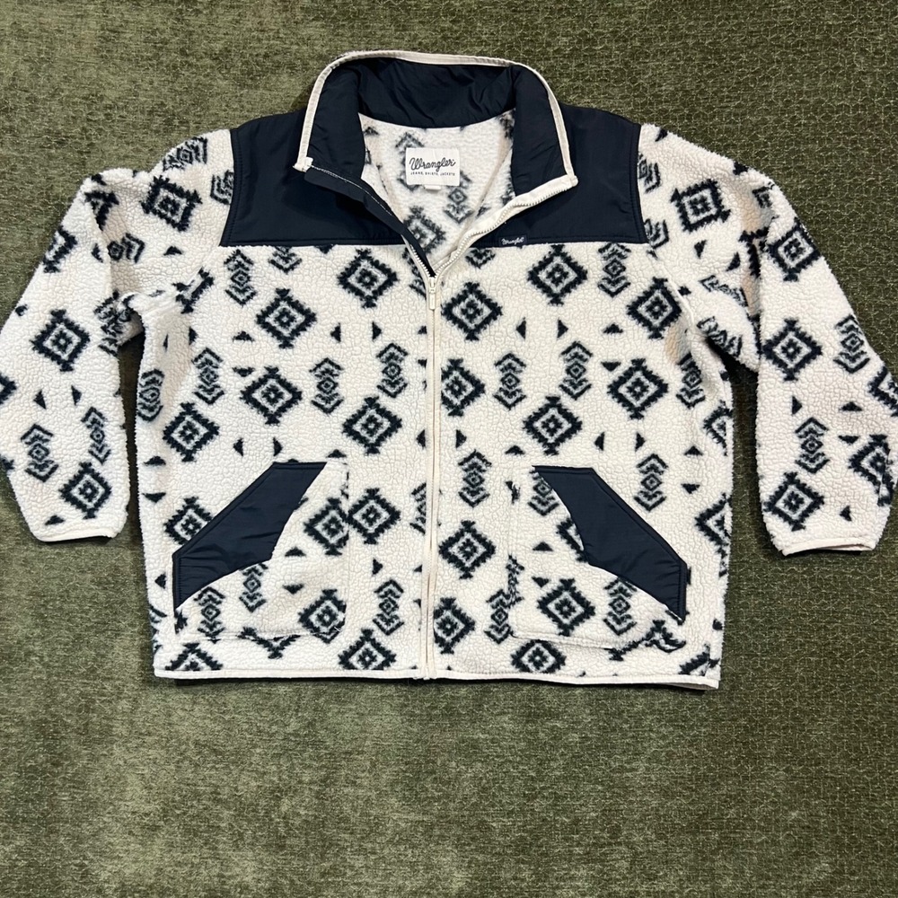 Wrangler Fleece Jacket Mens XXL White Navy Geometric Sherpa Full Zip 112353130